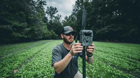 Man attaching Spartan GoLive trail camera to a post in a field surrounded by trees.