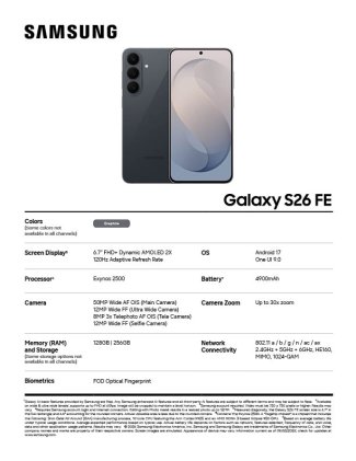 Samsung Galaxy S26 FE Spec Sheet