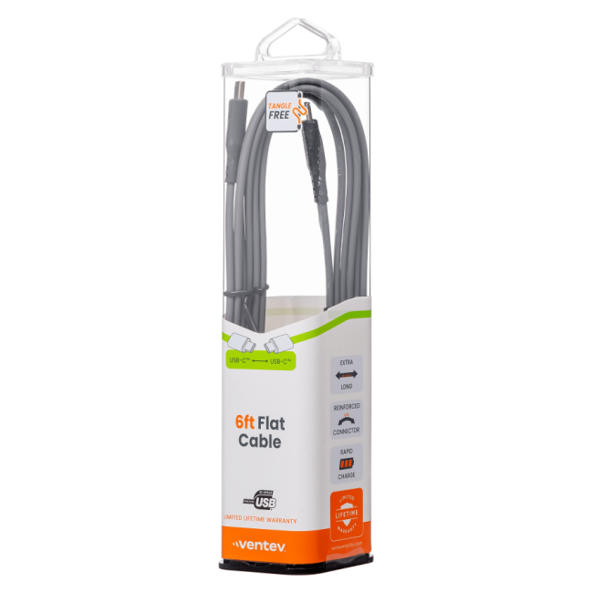 Ventev Chargesync Flat USB C to USB C Cable 6ft - Grey