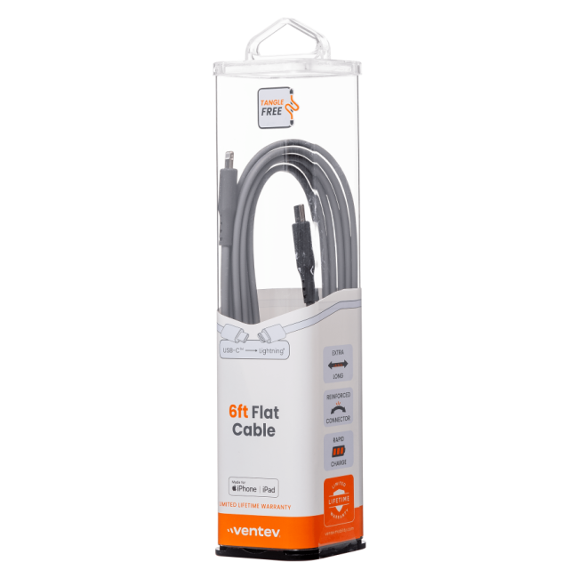 Chargesync Flat USB C to Apple Lightning Cable 6ft - Gray