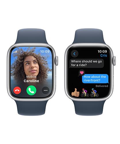 Apple Watch Series 9 45mm Silver Aluminum Storm Blue Band calls and texts