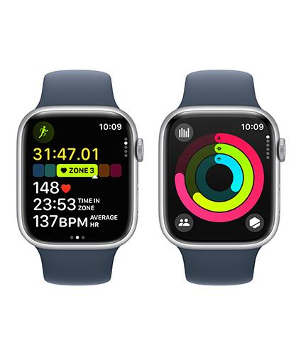 Apple Watch Series 9 45mm Silver Aluminum Storm Blue Band health monitor