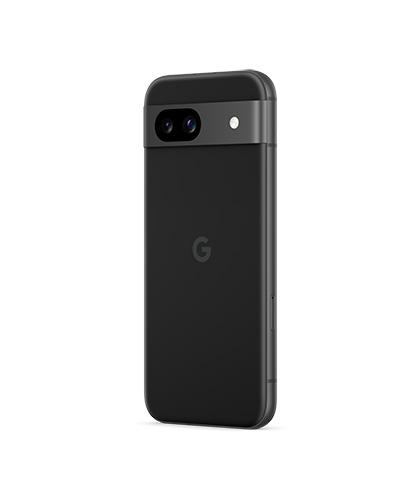 The Google Pixel 8a in Obsidian viewed from the back, angled to the left.