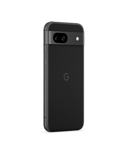 The Google Pixel 8a in Obsidian viewed from the back, angled to the right.