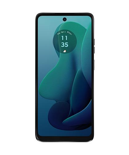 The Motorola Moto G5G viewed from the front with the screen on.