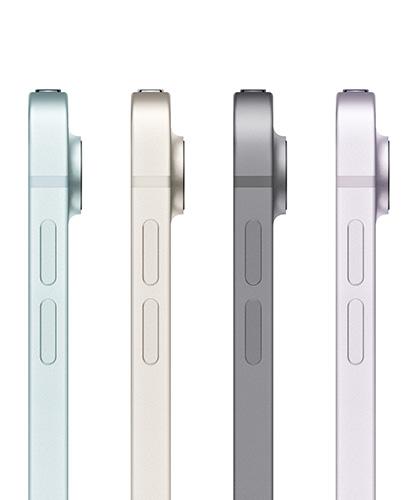 All iPad Air colors viewed from the side. The colors are Blue, Starlight, Space Gray, and Purple