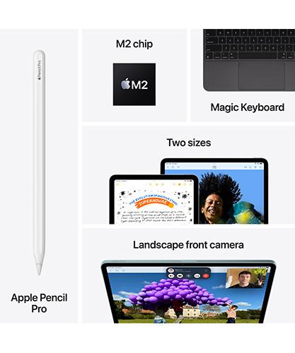 The Apple Pencil Pro, M2 chip, Magic Keyboard, two sizes, and landscape front camera.