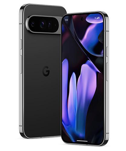The Pixel 9 Pro XL viewed side by side to show the front and back at an angle.
