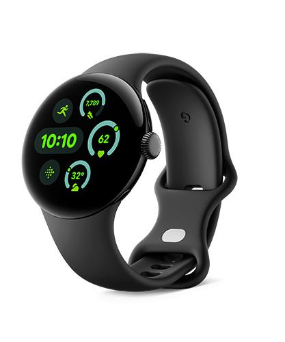 Google Pixel Watch 3 viewed from the front at an angle.