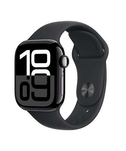 The Apple Watch Series 10 42mm Jet Black Aluminum viewed from the front at an angle to show the band.