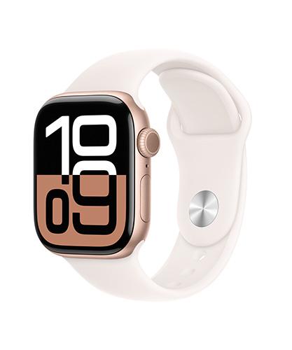 The Apple Watch Series 10 42mm Rose Gold Aluminum viewed from the front at an angle to show the band.