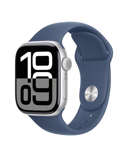 The Apple Watch Series 10 42mm Silver Aluminum viewed from the front at an angle to show the band.