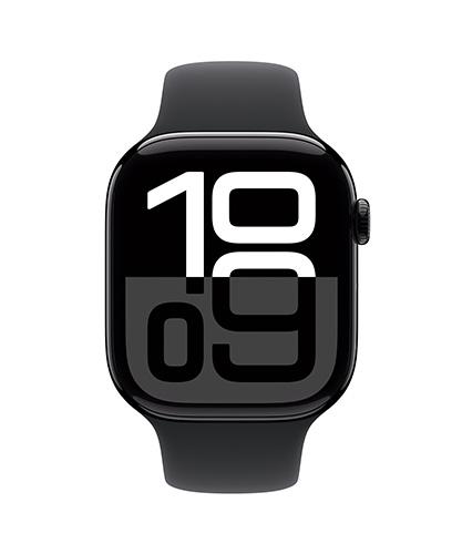 The Apple Watch Series 10 46mm Jet Black Aluminum viewed from the front.