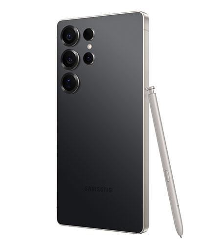 The Galaxy S25 Ultra viewed from back at an angle with the S Pen.