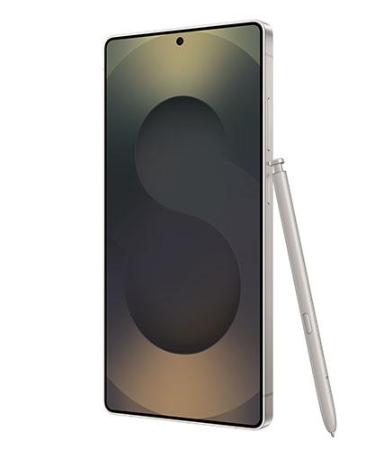 The Galaxy S25 Ultra viewed from front at an angle with the S Pen.