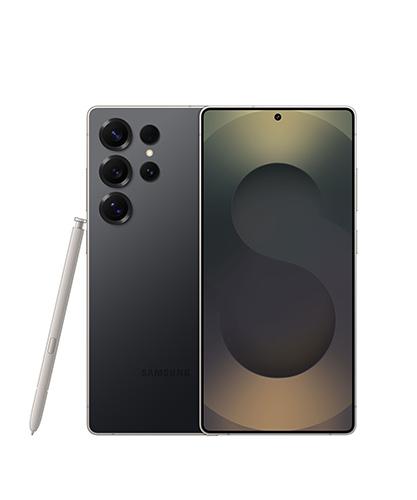 The Galaxy S25 Ultra viewed from front and back with the S Pen.