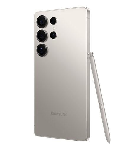 The Galaxy S25 Ultra viewed from back at an angle with the S Pen.