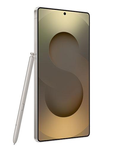 The Galaxy S25 Ultra viewed from front at an angle with the S Pen.