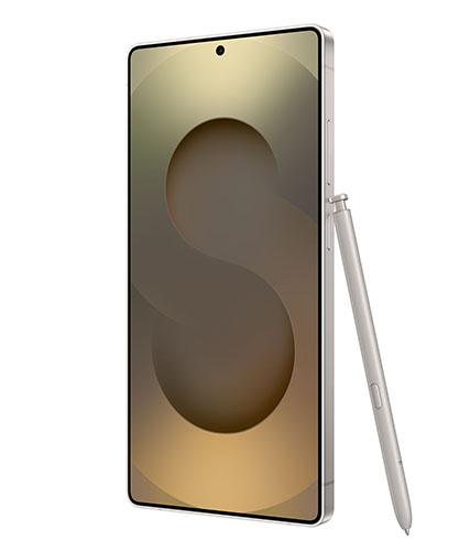 The Galaxy S25 Ultra viewed from front at an angle with the S Pen.