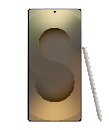 The Galaxy S25 Ultra viewed from the front with the S Pen.