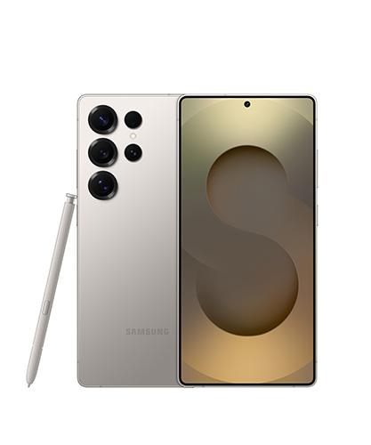 The Galaxy S25 Ultra viewed from front and back with the S Pen.