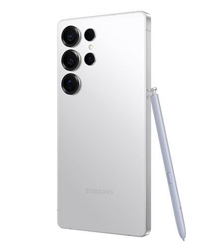The Galaxy S25 Ultra viewed from back at an angle with the S Pen.