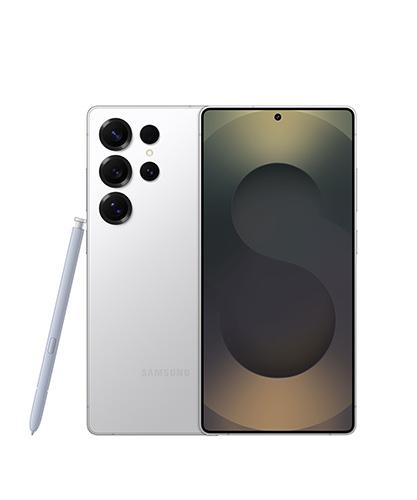 The Galaxy S25 Ultra viewed from front and back with the S Pen.