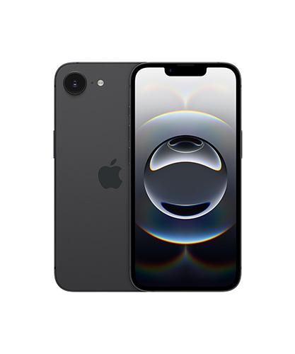 The iPhone 16e in black viewed from the front, side by side to show the back too.