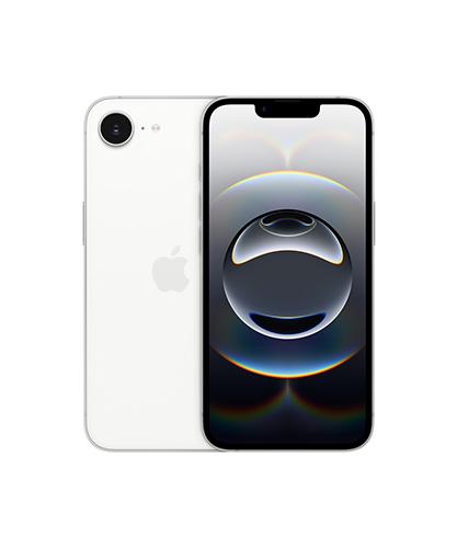 The iPhone 16e in white viewed from the front, side by side to show the back too.