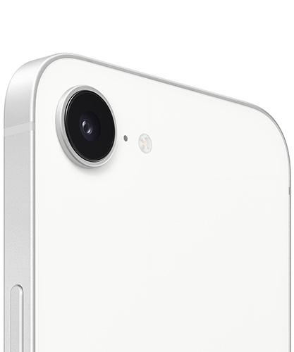 The iPhone 16e viewed from the back, zoomed in to show the camera.
