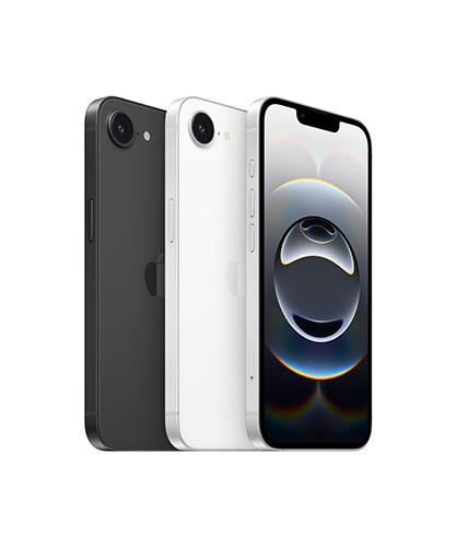 The iPhone 16e, showing both black and white color options.