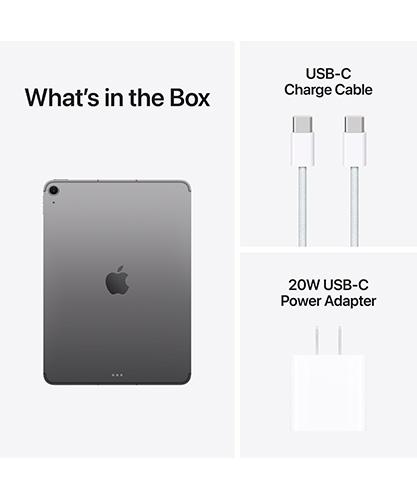 What's in the box: iPad Air, USB-C charger and power adapter.