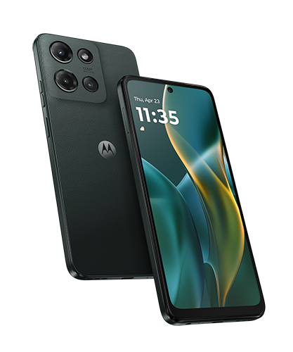 The moto g viewed side by side at an angle to show the front and back.