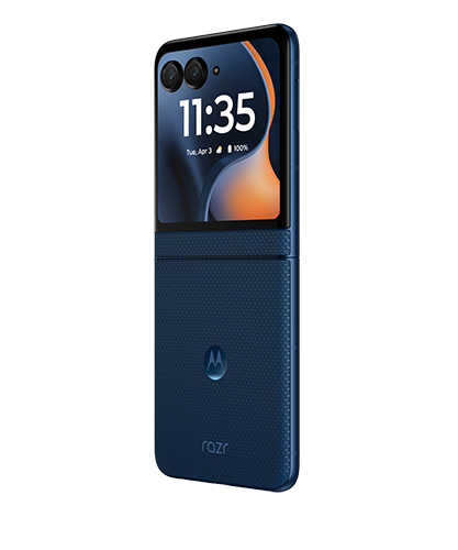 The Motorola moto razr viewed from the back at an angle and opened.