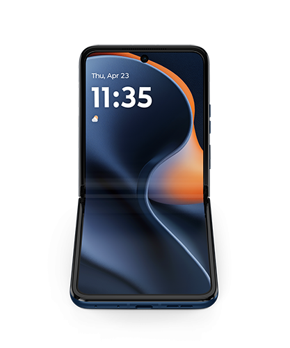 The Motorola moto razr viewed from the front and partially folded.