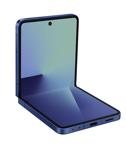 The Samsung Galaxy Z Flip7 viewed partially folded to show the inside screen.