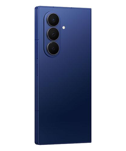 The Samsung Galaxy Z Fold7 in blue shadow viewed from the back at an angle.