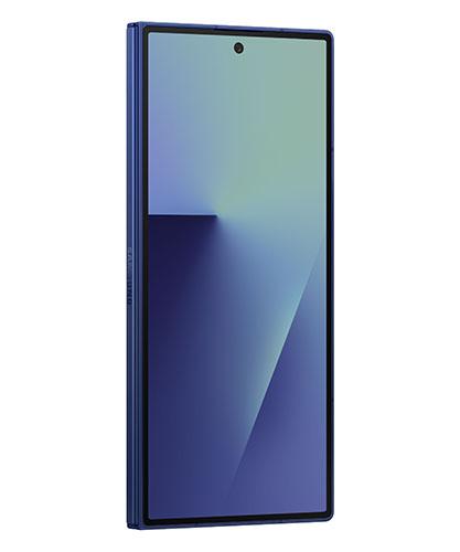 The Samsung Galaxy Z Fold7 in blue shadow viewed from the front at an angle.