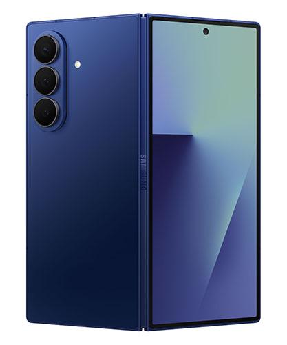 The Samsung Galaxy Z Fold7 in blue shadow viewed unfolded to show the front and back at an angle.