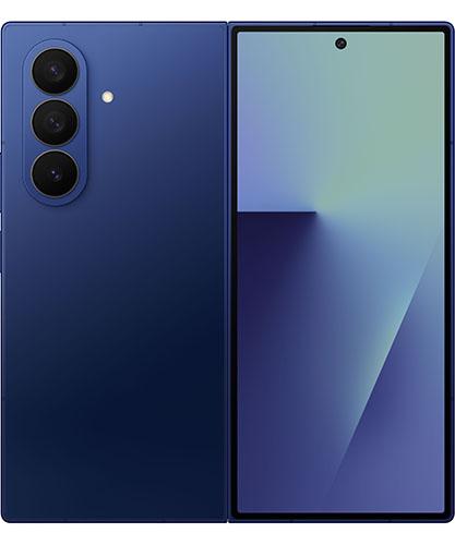 The Samsung Galaxy Z Fold7 in blue shadow viewed unfolded to show the front and back.