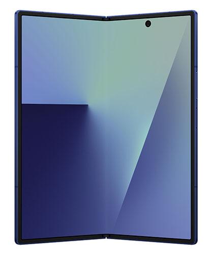 The Samsung Galaxy Z Fold7 in blue shadow viewed unfolded from the inside at an angle.