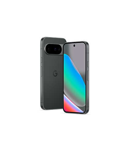 The Google Pixel 10 viewed side by side at an angle to show the front and back of the phones.