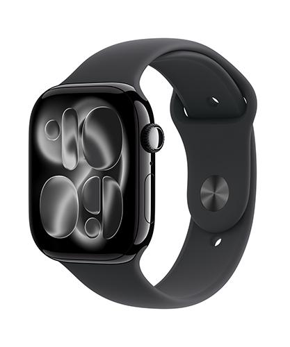 The Apple Watch Series 11 viewed from the front at an angle.