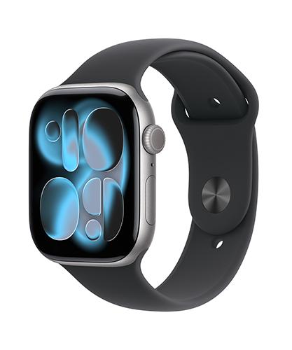 The Apple Watch Series 11 viewed from the front at an angle.